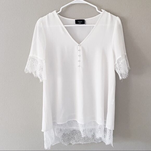 Vici White Sheer Short Sleeve Blouse Top Lace Sleeve & Bottom Hem Faux Buttons - Picture 1 of 4